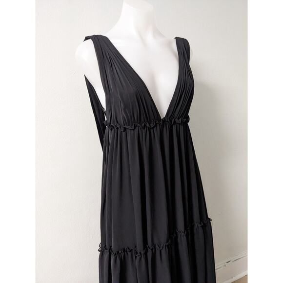 Leena for Mac Duggal Size 0 Ruffle Maxi Shift Tiered Dress Black V Neck Sheer - Picture 7 of 15